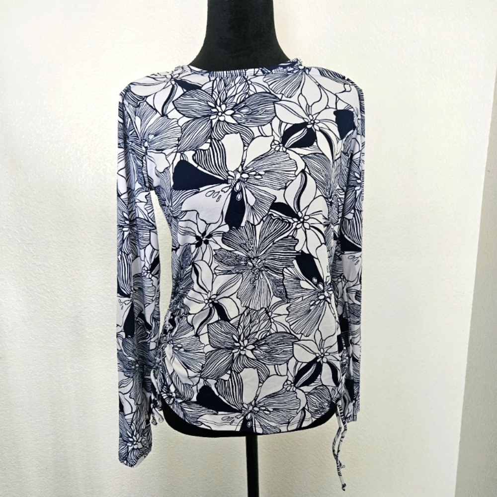Floral Long Sleeve Top - Navy Blue and White